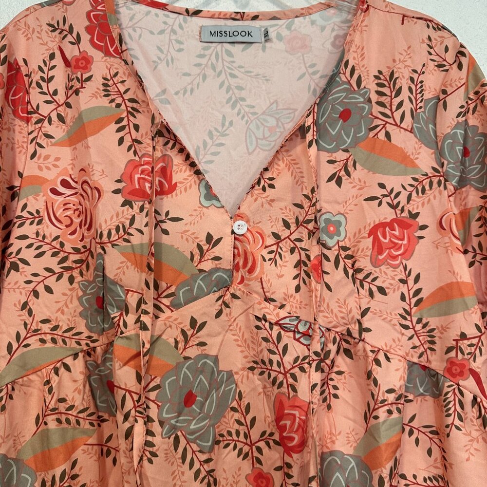 Misslook XL Floral Midi Dress Ruffle Hem MultiColor Short Sleeve Tied V-Neck EUC - Picture 5 of 8